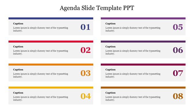 Agenda slide with eight numbered sections, each with a caption and placeholder text in alternating colors.