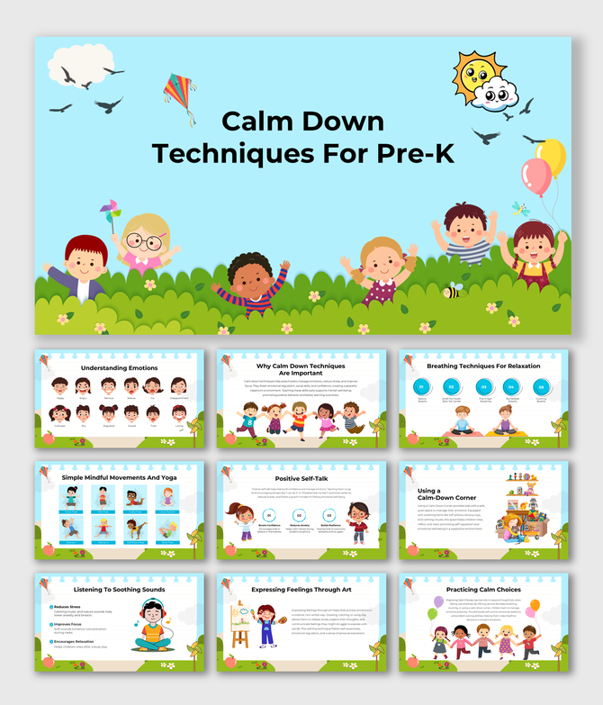 Colorful Pre-K calm down techniques presentation with playful children, nature-themed graphics, and placeholder text areas.