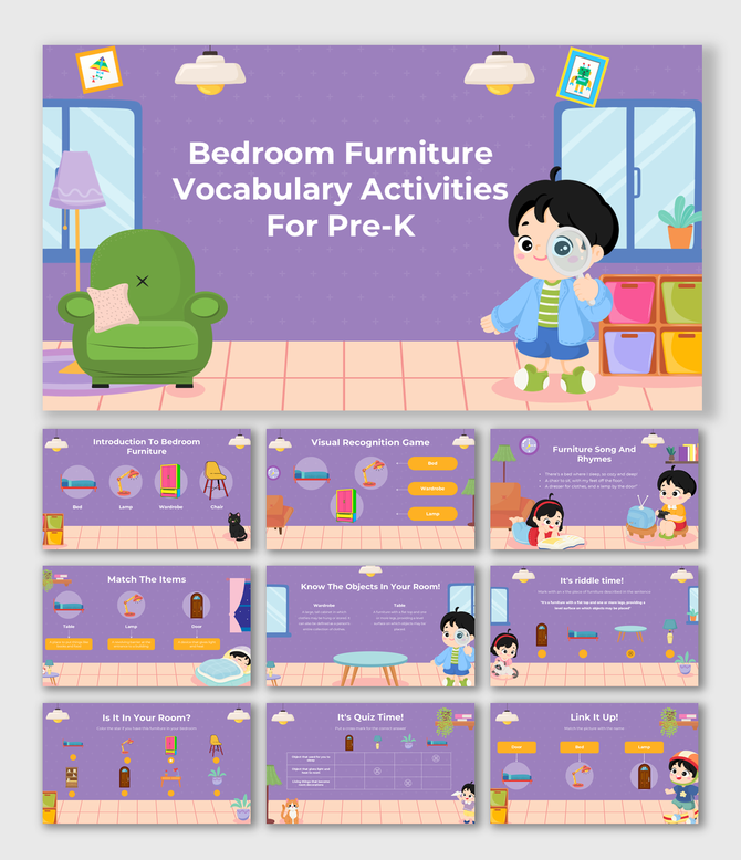 Bedroom furniture vocabulary activities presentation for Pre-K with colorful illustrations, playful design and editable text.