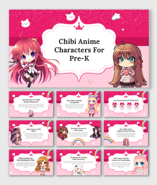 Adorable chibi anime character slides with bright pink tones, playful elements, and educational content for preschoolers.