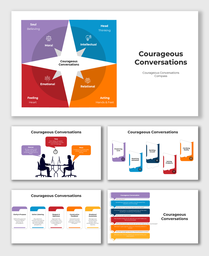 A professional slide layout with vibrant sections, infographic icons, and speech bubbles for conversation-related topics.