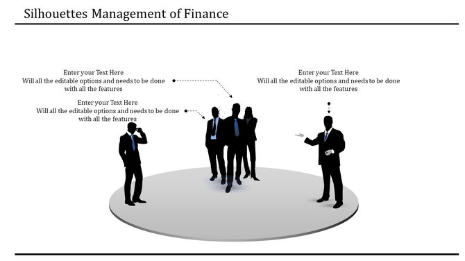 Silhouettes of business professionals on a gray circular platform, with arrows pointing to caption areas.