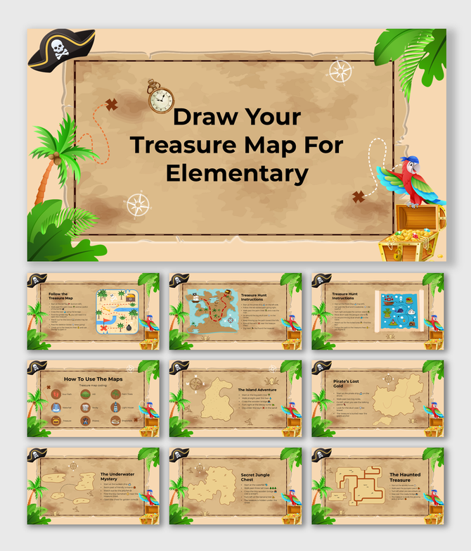 Interactive treasure map design guide featuring island, jungle, and underwater-themed templates for kids.