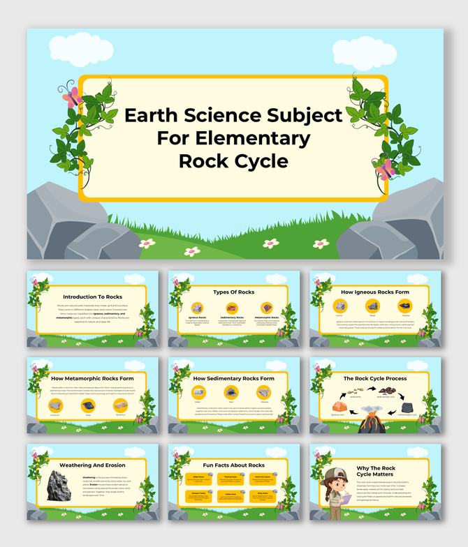 Visual presentation explaining the rock cycle with engaging graphics, step-by-step processes, and fun rock facts for kids.