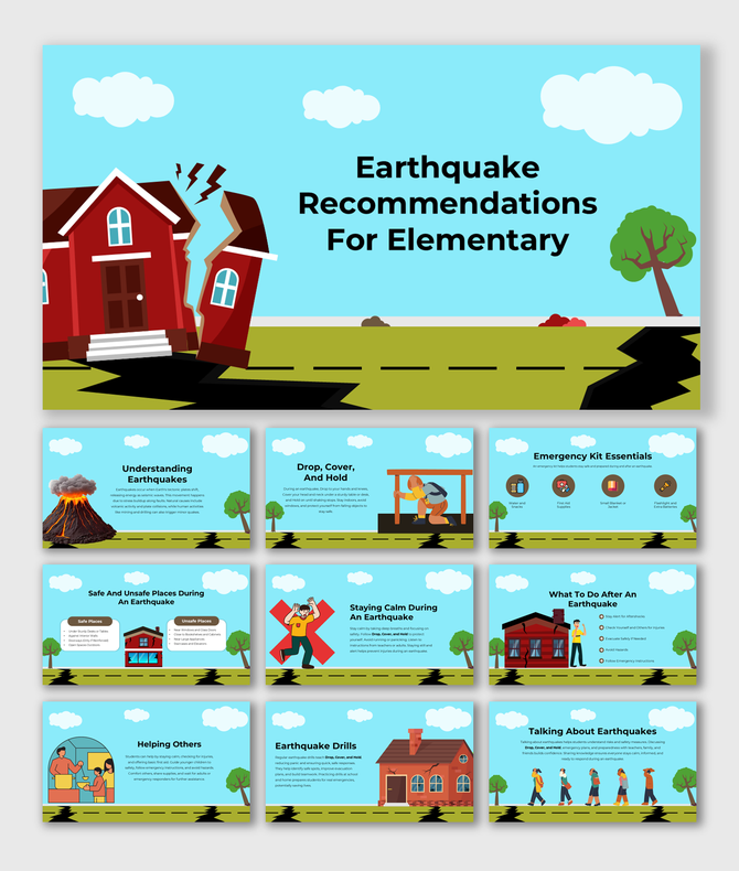 Bright earthquake safety slides for elementary students covering drills, emergency kits, and staying calm.