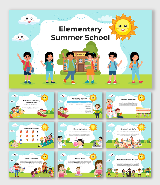 Bright and cheerful summer school overview with activities like reading, science, and teamwork.
