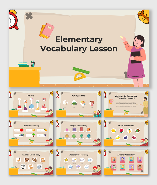 Illustrated elementary vocabulary lesson featuring words, rhymes, colors, shapes, and more in a fun learning environment.