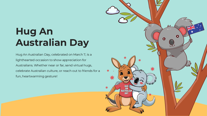 Cartoon-style image of Australian animals celebrating Hug An Australian Day with cheerful expressions.