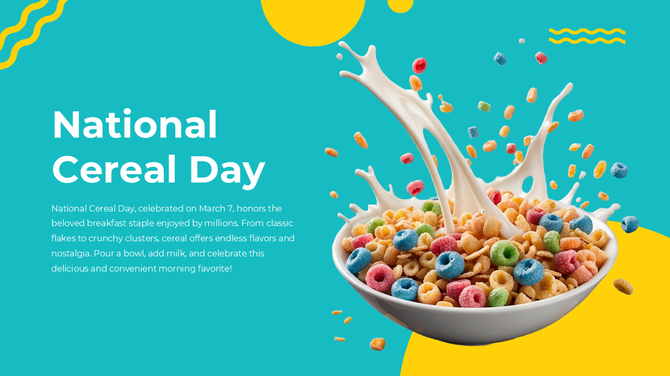 Milk splashing into a bowl of colorful cereal loops, representing National Cereal Day in a fun, dynamic design.