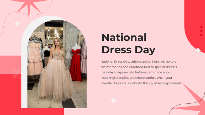 Woman in an elegant gown celebrating National Dress Day with stylish dresses displayed in the background.