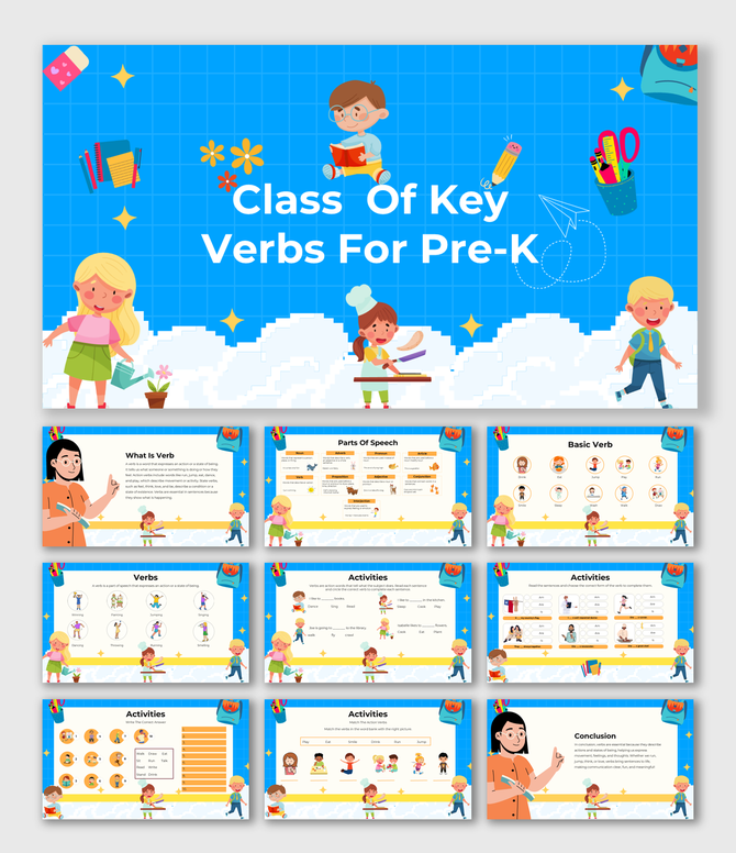Educational Key Verbs deck for Pre-K with fun graphics, action icons, and placeholders for speech and activity examples.