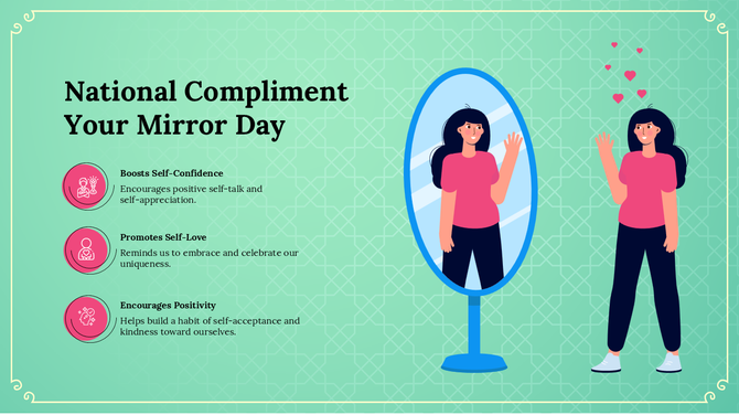 Illustration of woman facing mirror and smiling, symbolizing self-love for National Compliment Your Mirror Day.