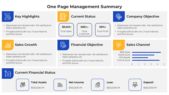 One page management summary with sections on sales, objectives, growth, and financial status.