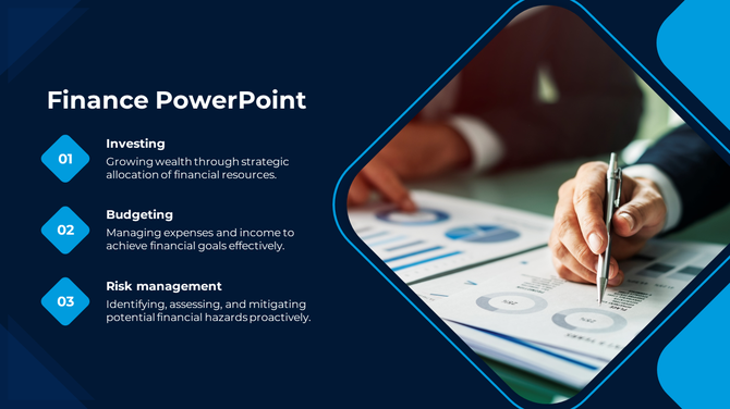 Finance template featuring three financial concepts with icons and text, paired with an image of hands analyzing reports.