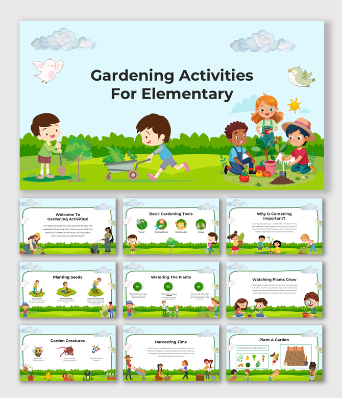 Illustrated gardening slides for elementary students with kids planting, watering, and exploring nature.