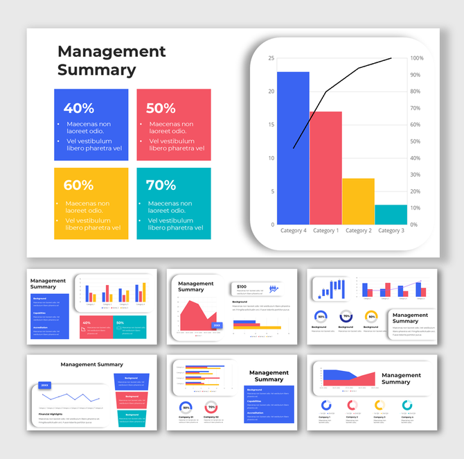 Management Summary slide templates with colorful charts, percentages, and placeholder text blocks.