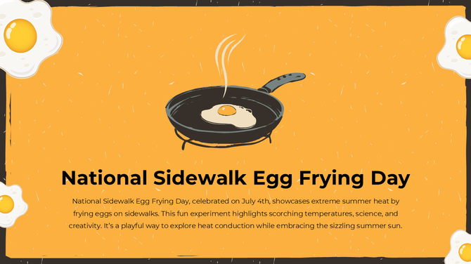 National Sidewalk Egg Frying Day graphic featuring a frying pan with an egg and decorative sunny-side eggs.