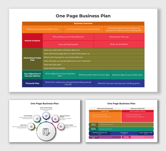 One Page Business Plan layout with colorful sections and placeholder fields for goals, strategy, and financial details.