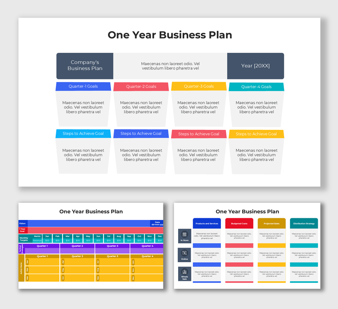 One Year Business Plan layout with quarterly goals and steps to achieve them in editable color-coded sections.