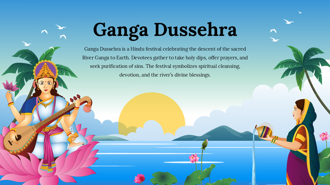 Illustrated Ganga Dussehra design featuring a divine figure, palm trees, and a serene riverside offering.