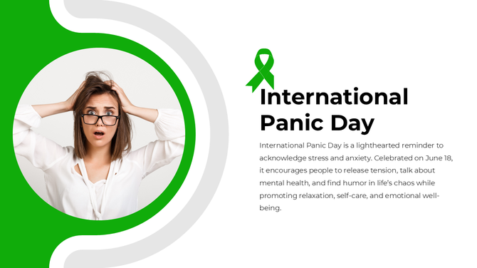 International Panic Day slide with a surprised woman, green ribbon symbol, and mental health placeholder content.