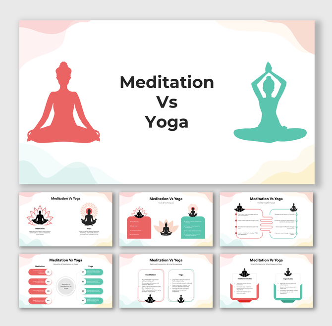 Meditation vs Yoga slide with two silhouette icons and soft pastel background, showing comparison layout.