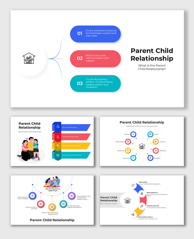 Parent Child Relationship slides with icons, infographic elements, and colorful tips for building connection.