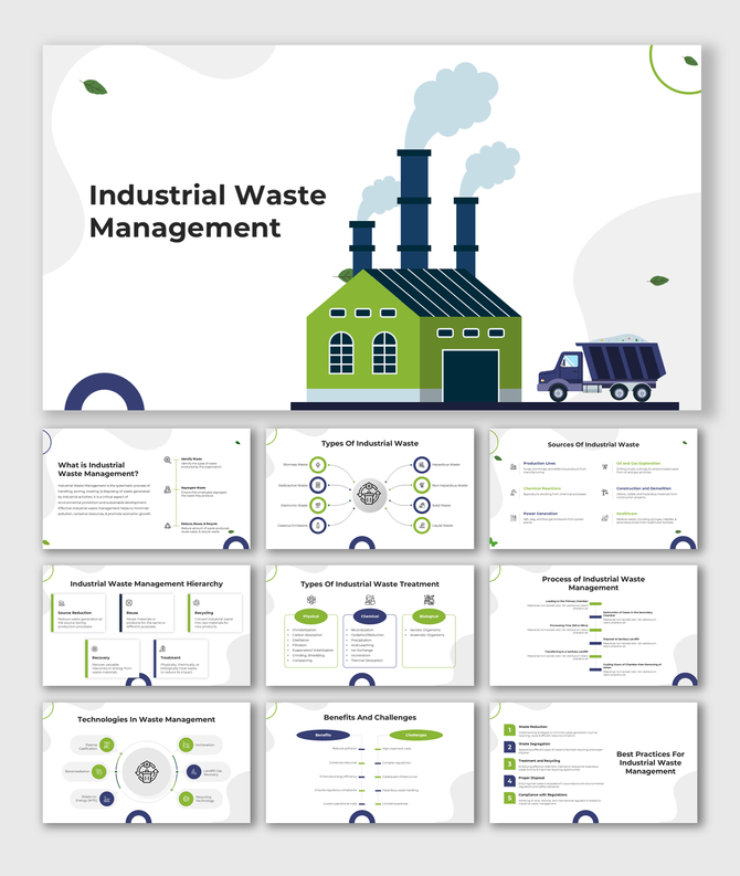 Industrial waste management slide deck with factory illustration and layout for process and treatment content.