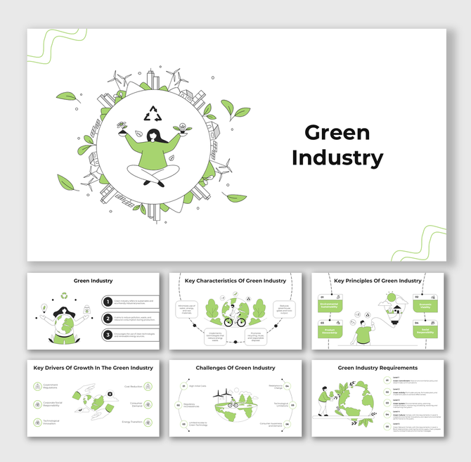 Green industry presentation with sustainable visuals, circular design elements, and content placeholders.