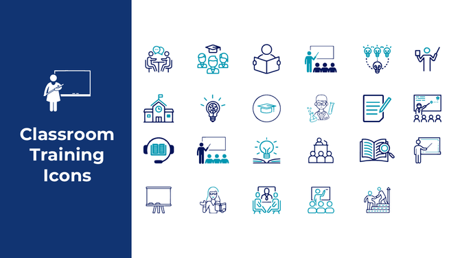 Classroom training icons set with illustrated education symbols for presentations, workshops, and learning materials.