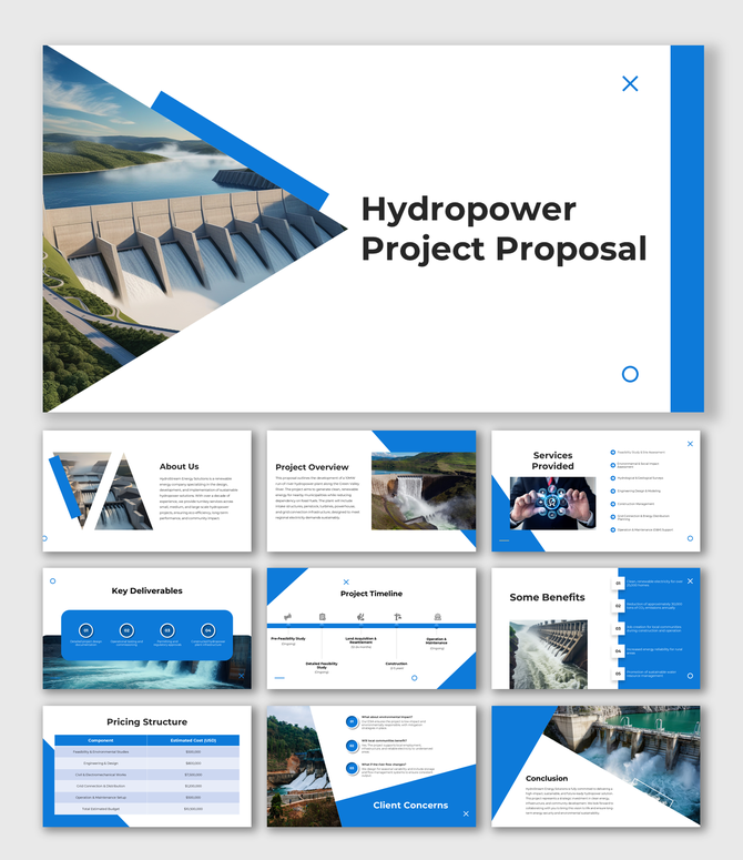 Hydropower project proposal slides with dam visuals, timeline, pricing table, and project overview layout.