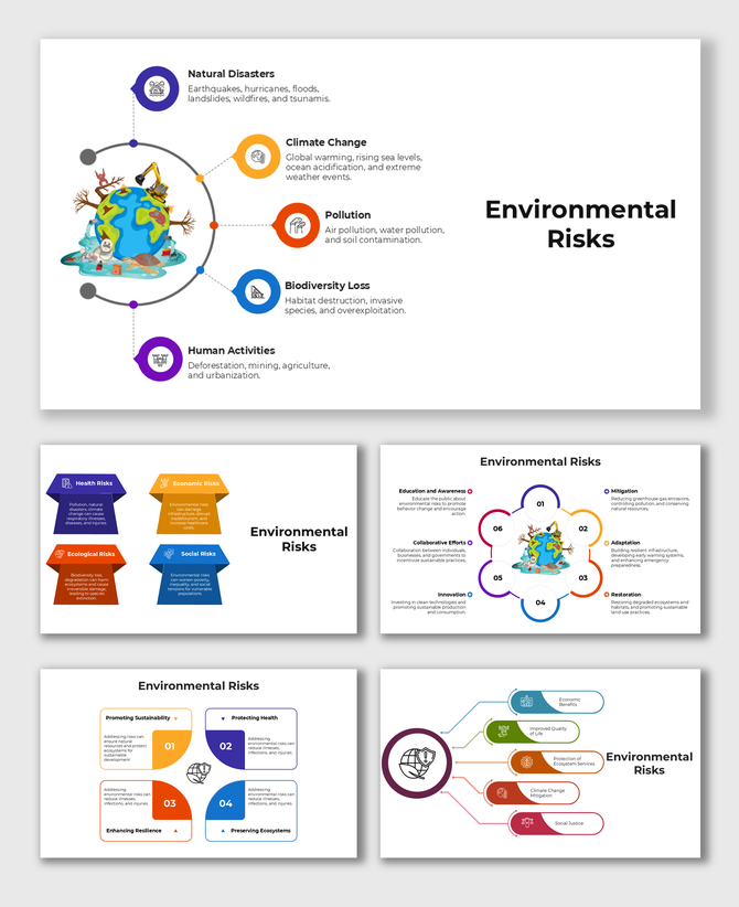 Illustrated environmental risks showing natural disasters, pollution, and climate change impacts around the earth.