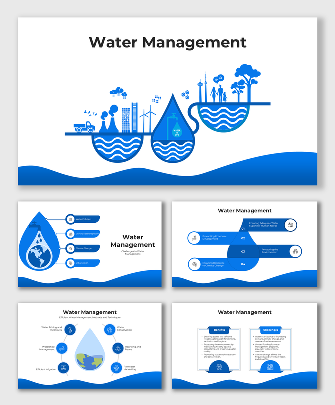 Water Management infographic with blue-themed icons showing challenges, benefits, and sustainable water solutions.