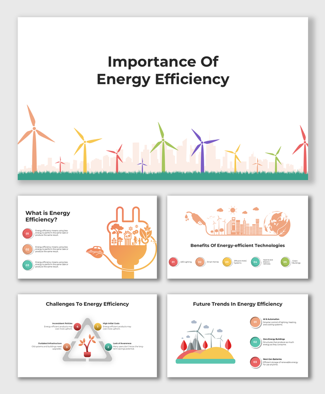 Importance of Energy Efficiency infographic with colorful wind turbines, eco-friendly visuals, and future trends overview.