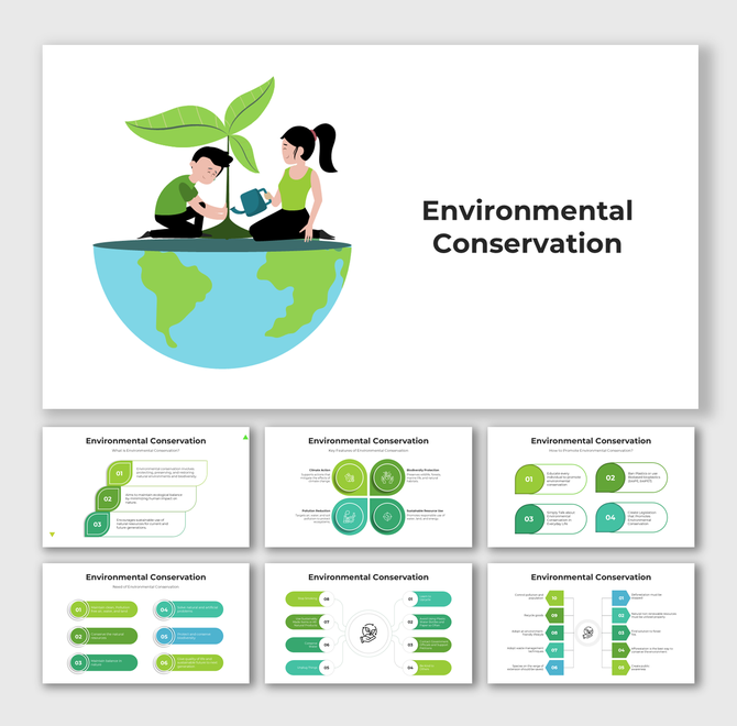 Visual guide on Environmental Conservation showing key actions, benefits, and green-themed infographic designs.