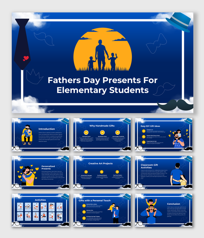 Father’s Day Presents for Elementary Students infographic with family illustrations, gift ideas, and DIY projects.