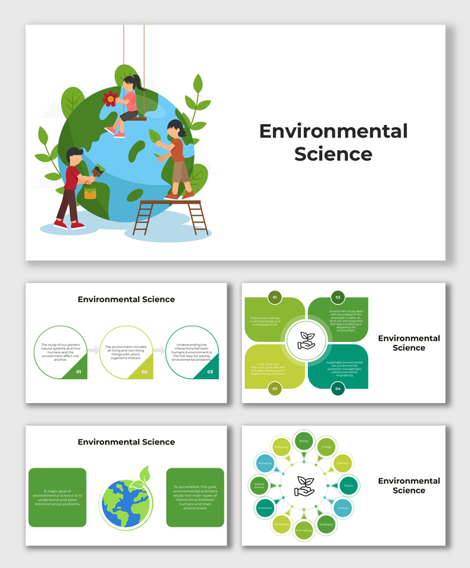 Environmental Science infographic with kids caring for Earth, highlighting sustainability, ecosystems, and human interaction.