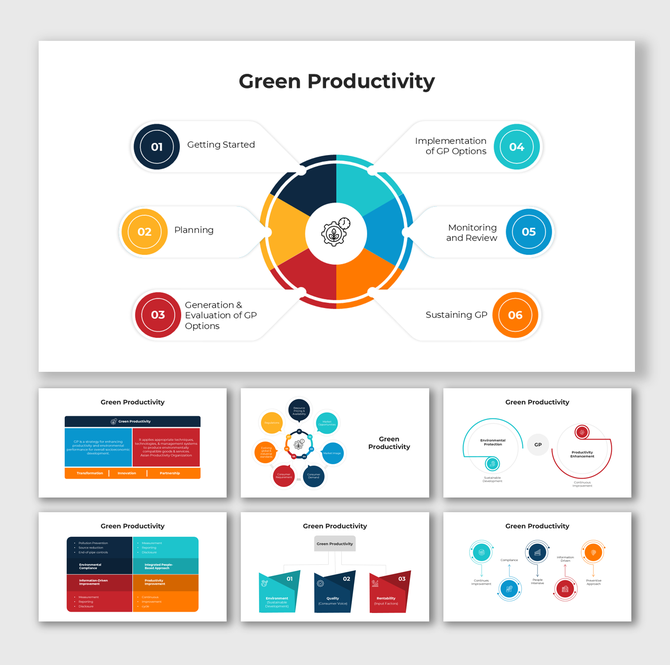 Green productivity slides with circular diagrams, multi-step processes, and colorful infographic layouts.