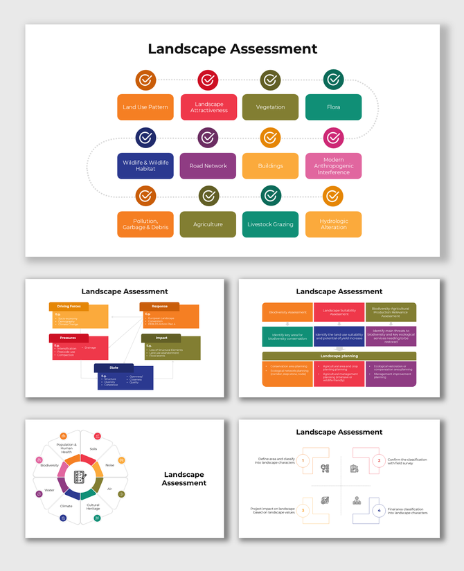 Landscape Assessment infographic showing multiple colored blocks with icons representing environmental and land factors.