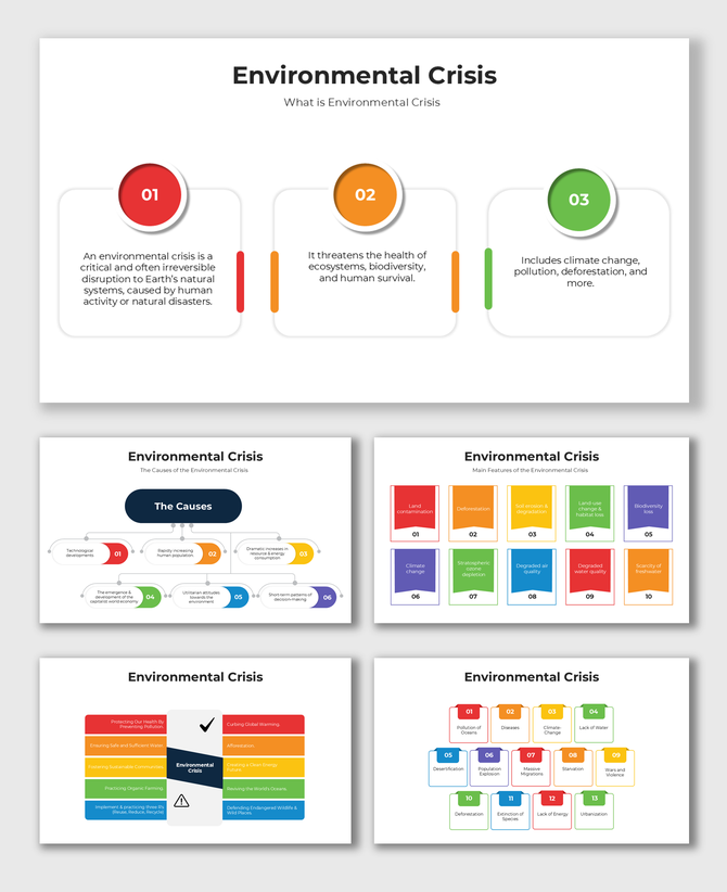 Environmental Crisis slides featuring colorful blocks and diagrams outlining causes and effects using numbered icons.