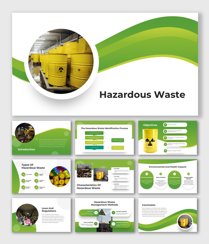Hazardous Waste slides with green theme and images of yellow barrels, process charts, and waste categories.