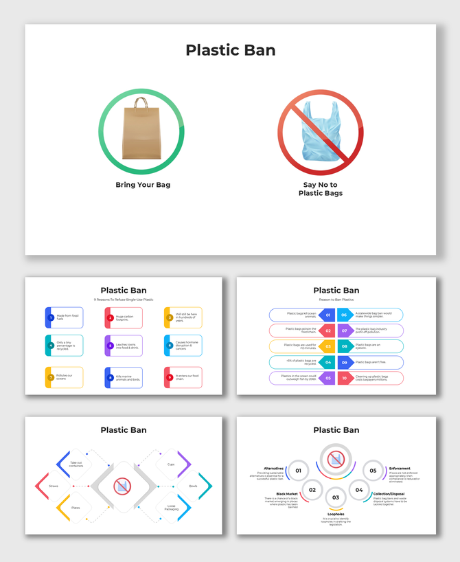 Plastic Ban slides with visual icons showing alternatives to plastic bags and reasons for banning single-use plastics.