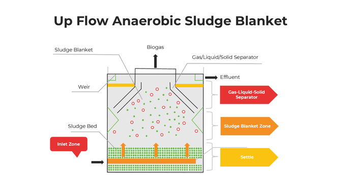 Diagram of Up Flow Anaerobic Sludge Blanket showing sludge zones, gas separation, and effluent flow.