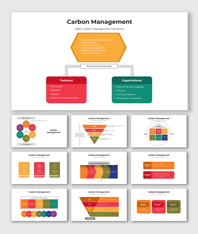 Multi-slide carbon management visuals with hexagons, funnels, and labeled sections for strategy and improvement.