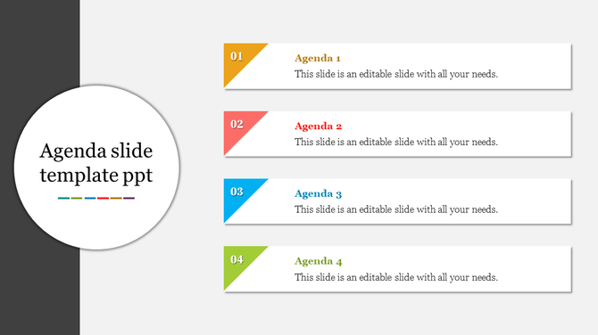 Vertical agenda slide with four numbered color-coded sections on the right and a circular title placeholder on the left.