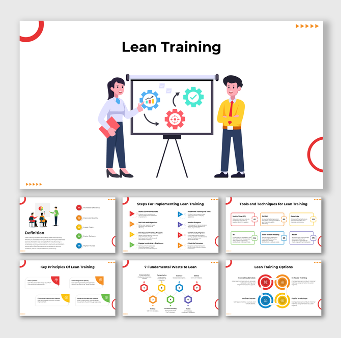 Cartoon-style lean training slides with icons, flowcharts, and editable text areas across process and principle visuals.