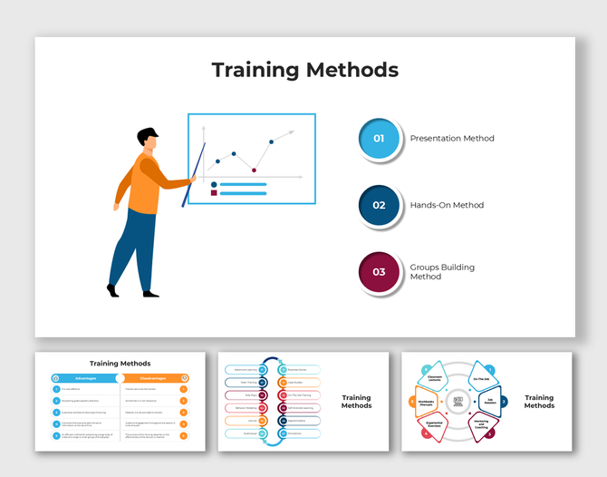 Multi-slide format showing hands-on, group, and presentation methods using clean placeholders and visuals.