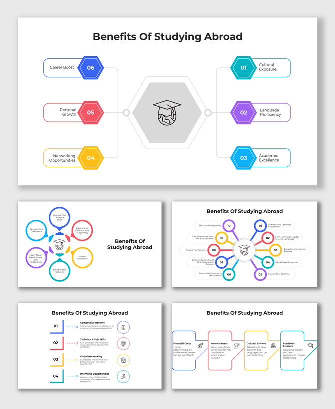 Hexagon-based infographic listing six benefits of studying abroad with center icon and numbered blocks.