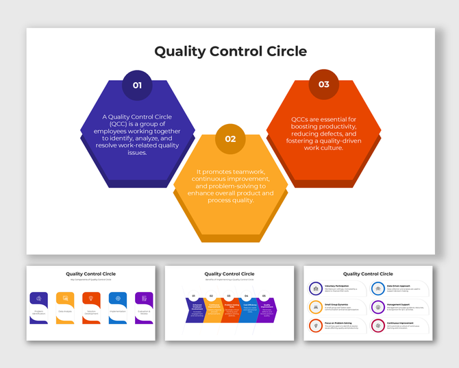 Hexagon infographic showing quality control circle steps with bold colors and editable content blocks.