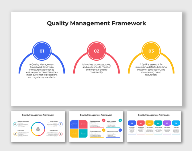 Circular and linear diagrams showing QMF stages with colorful numbered icons and editable content blocks.